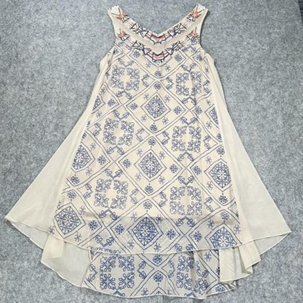 Free People Dress Womens M Beige Blue Ancient Mystery Geometric Beaded Boho